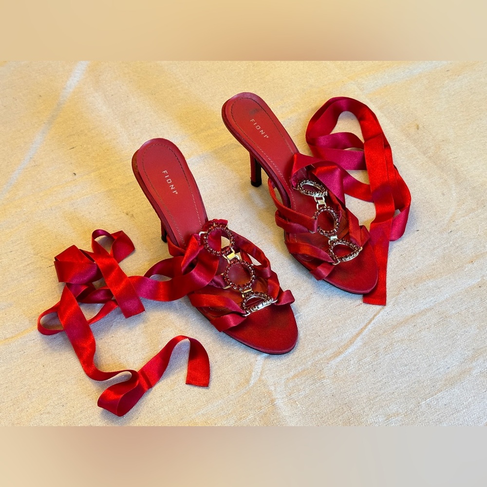 Red Fioni Jeweled Ballet-Laced High Heels